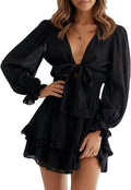 Deep V Neck Knotted Tiered Chiffon Mini Dress - Elegant (Style 1JFD)
