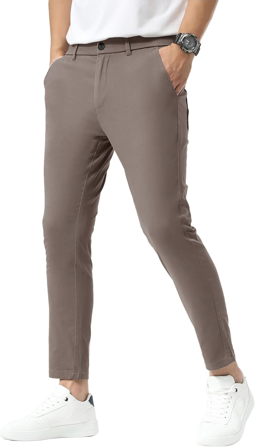 Men's Slim Fit Khaki Pants Stretch Cropped Chino Skinny Style