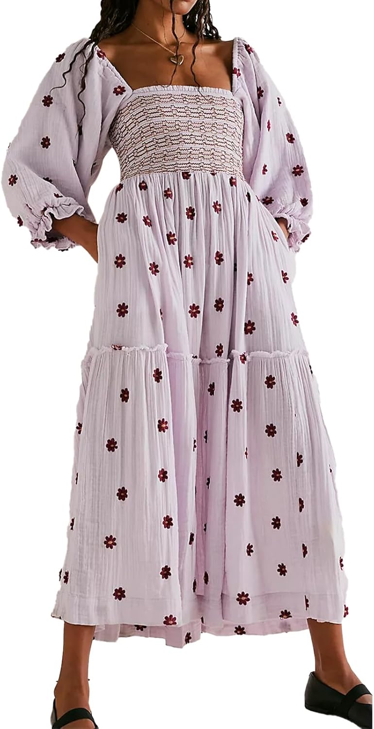 Women Floral Embroidered Maxi Dress with Puff Sleeves and Pockets