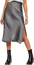 Womens Satin Silk High Waist Slit Midi Skirt - Flattering Everyday Amy