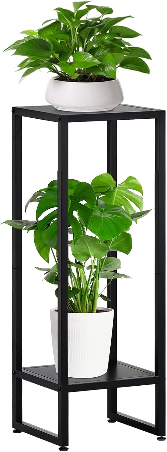 Sturdy 2-Tier Black Metal Plant Stand for Indoor Use