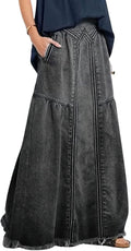 Women's Retro High Waist Frayed A-Line Maxi Denim Skirt - Elastic
