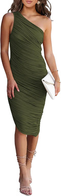 Summer One Shoulder Dresses for Women - Ruched Asymmetrical Bodycon