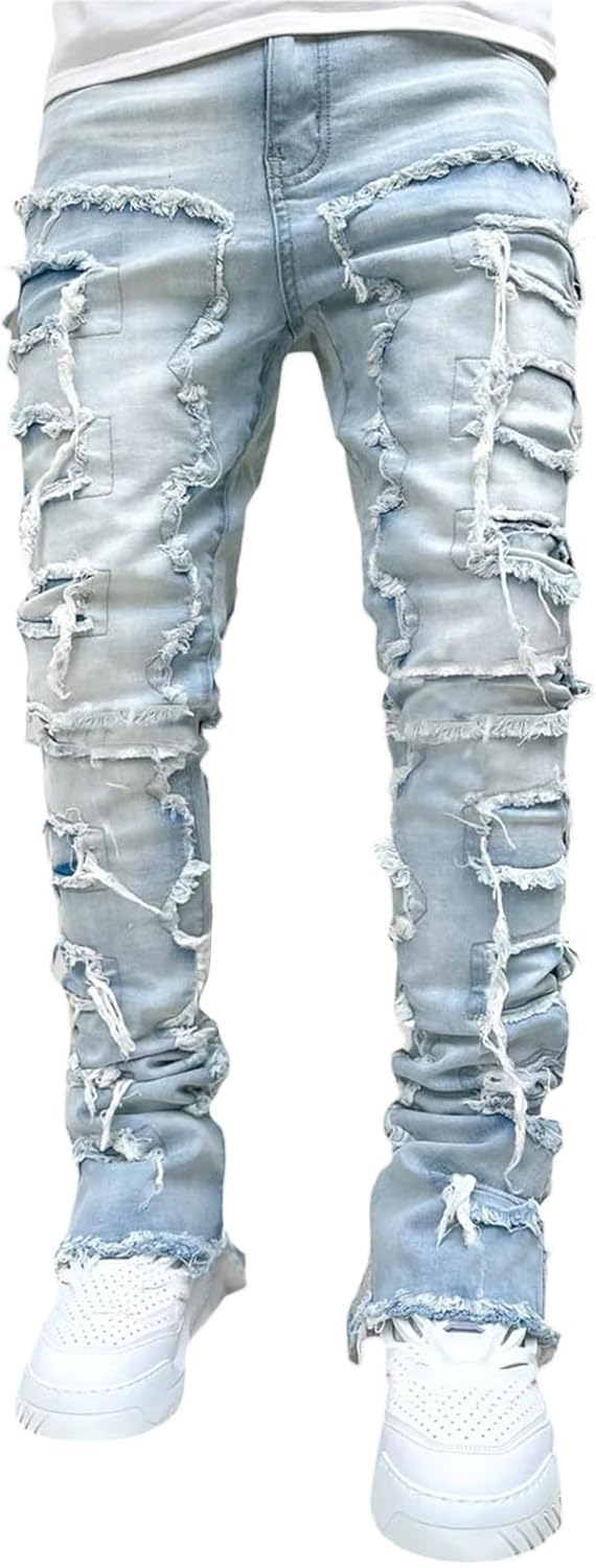 Stacked Jeans Men Skinny Ripped Denim Pants for Trendy Style