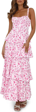 Fisoew Womens Floral Maxi Dress Spaghetti Strap Ruffle Tiered