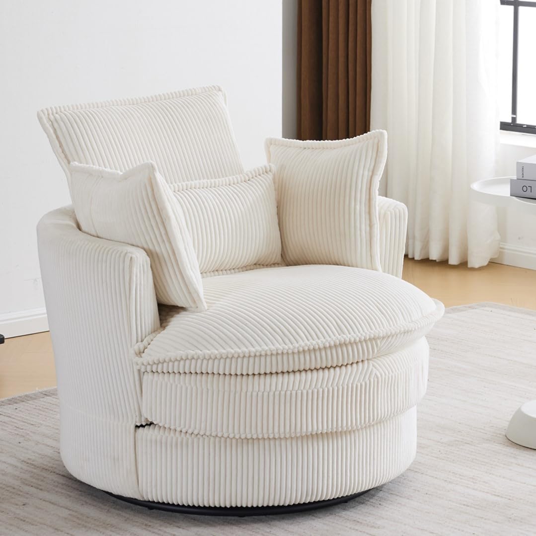 GODECOR 360Swivel Corduroy Chair Cozy Barrel Sofa+Pillows