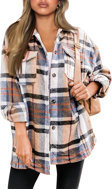 Womens Casual Plaid Shacket Button Down Long Sleeve Top for Style