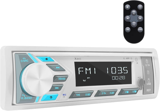 Single Din Marine Stereo Receiver with Bluetooth and USB Charging