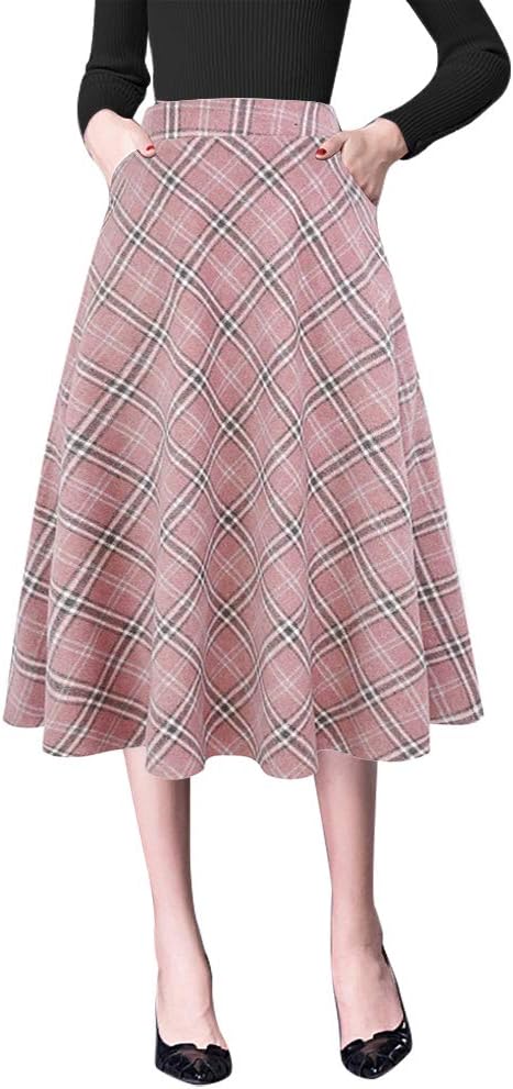 High Waist Aline Pleated Midi Skirts for Women in Plaid Style