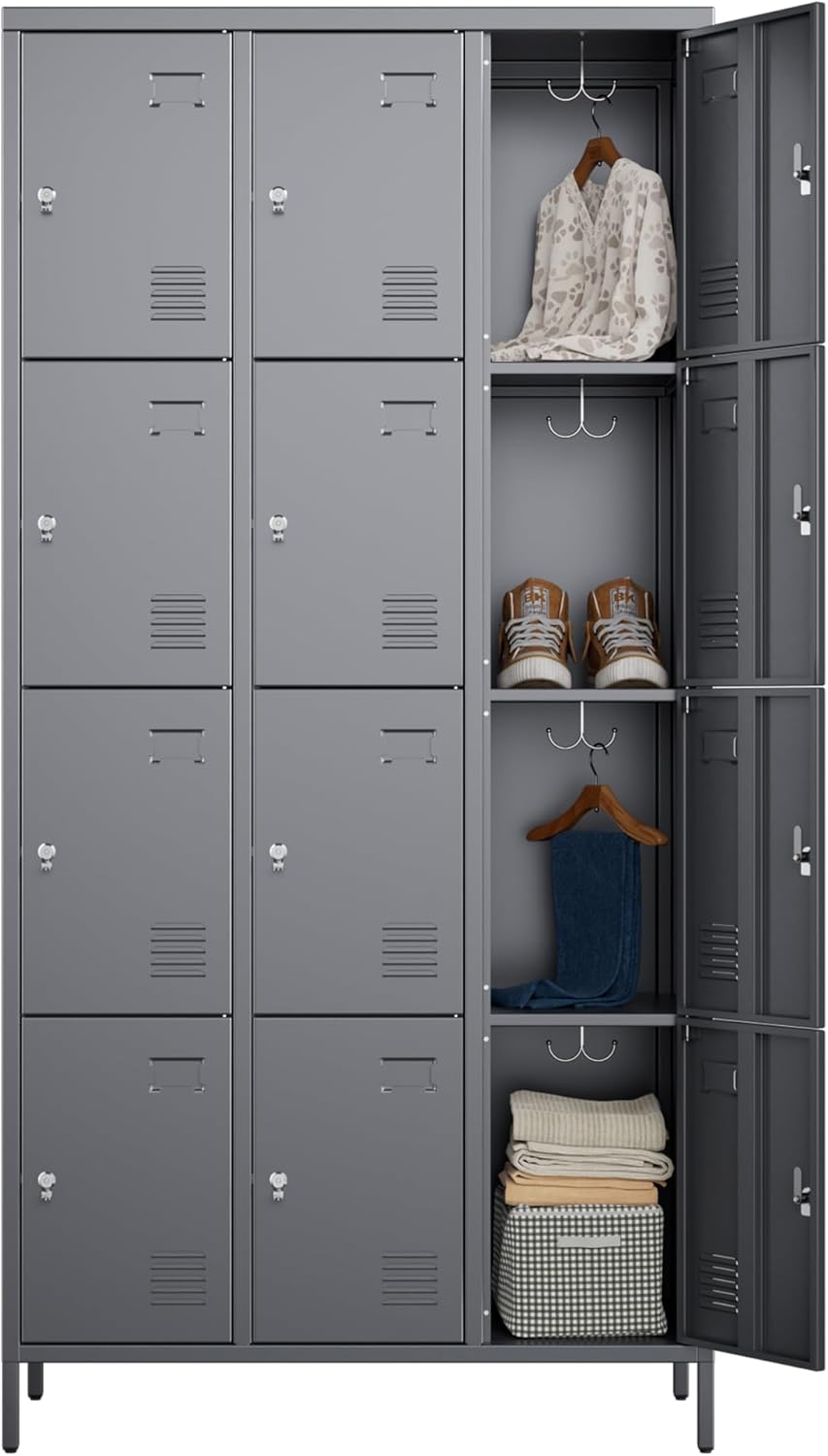 Metal Lockers for Employees with 12 Doors and Hooks for Storage