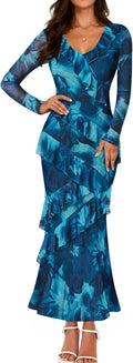 Fall Floral Long Sleeve Maxi Dress - Elegant Tiered Ruffle Bodycon