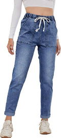 Womens Pull-on Stretch High Waist Denim Joggers - Elastic Drawstring