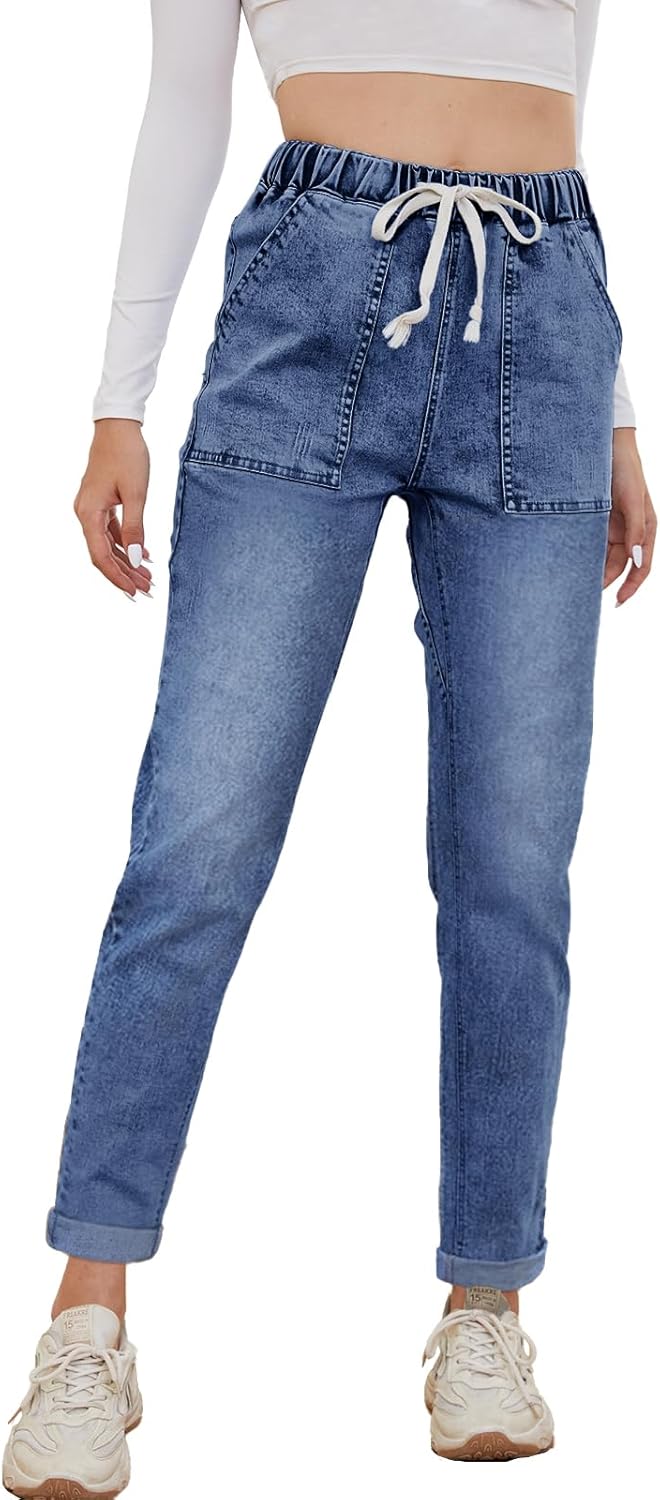 Womens Pull-on Jeans Stretch High Waisted Elastic Waist Denim Joggers
