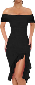 Sexy Off The Shoulder Bodycon Midi Dress - Elegant Ruffle Hem