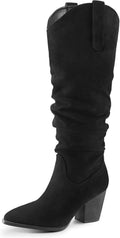 mysoft Women's Cowboy Knee-High Boots Pointed Toe Mid Chunky Heel 75in