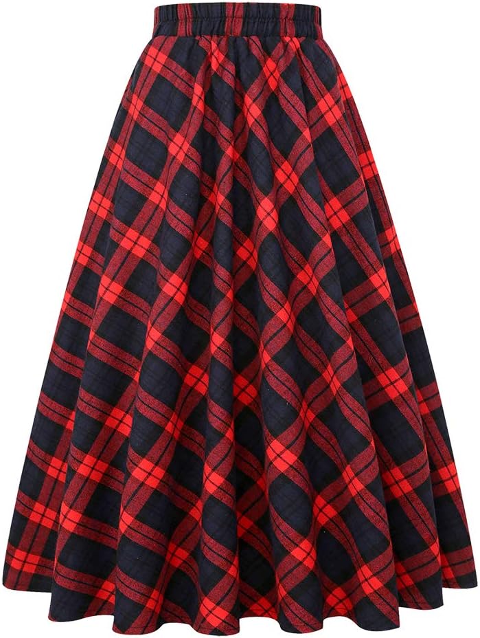 IDEALSANXUN Womens Plaid Skirt A-line Midi Pleated Style