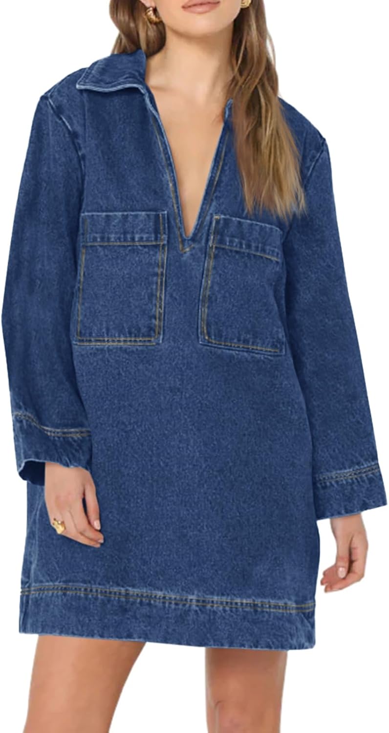 Wenrine Womens Denim Shirt Dress Long Sleeve V Neck Casual Style