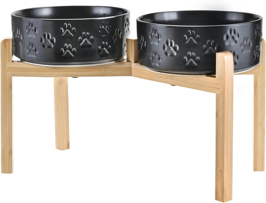 Elevated Dog Bowls Ceramic with Non-Slip Bamboo Stand for Pets