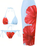 Floral 3pcs Swimsuit Halter Triangle Bikini with Sheer Cover Up ZAFUL