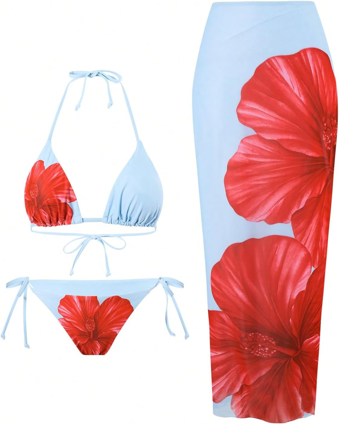 ZAFUL Womens 3pcs Swimsuit Floral Halter Triangle Bikini Set