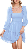 Smocked Ruffle Mini Dress Square Neck Long Sleeve - Flattering Fit