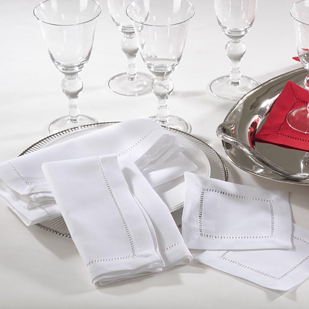 White Special Occasion Holiday Dinner Napkin Set with Hemstitch
