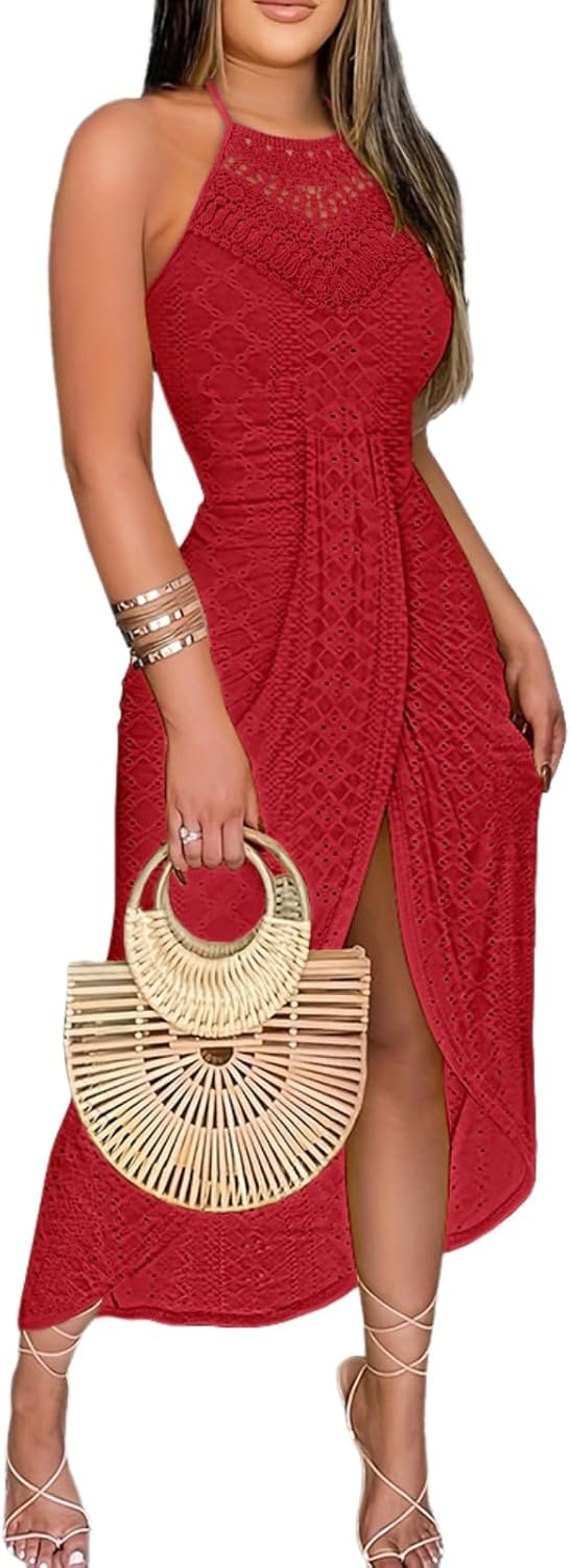Chicme Womens Summer Halter Dress with Eyelet Embroidery