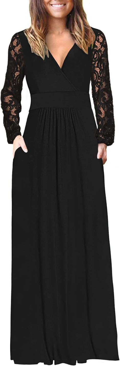 AUSELILY Womens Long Sleeve Maxi Dress with Lace Sleeves
