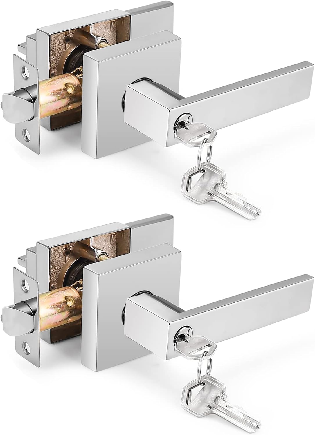 Gobrico Square Keyed Entry Levers in Polished Chrome 2 Pack