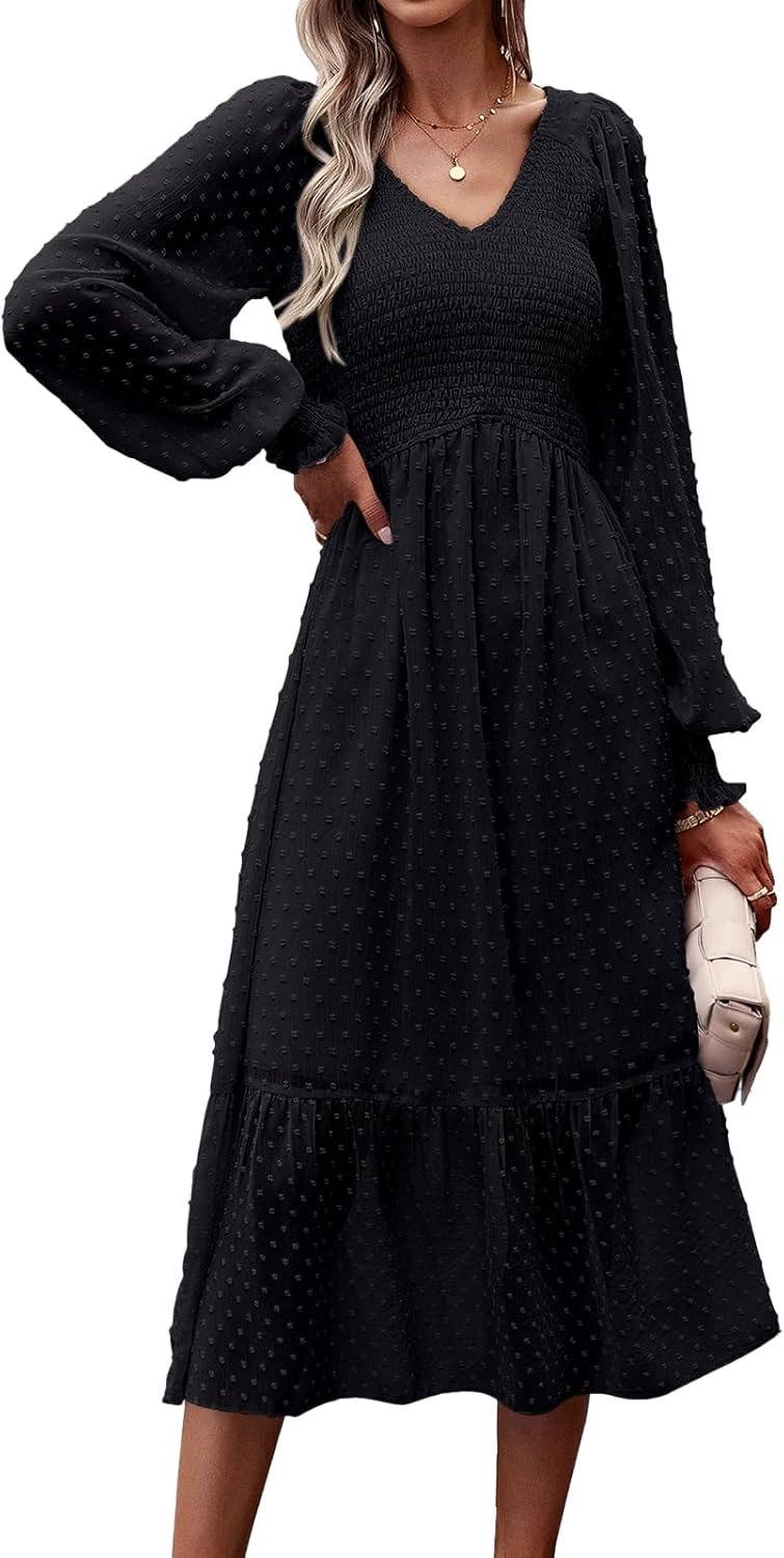 PRETTYGARDEN Women's Fall Dresses Long Sleeve V Neck Chiffon