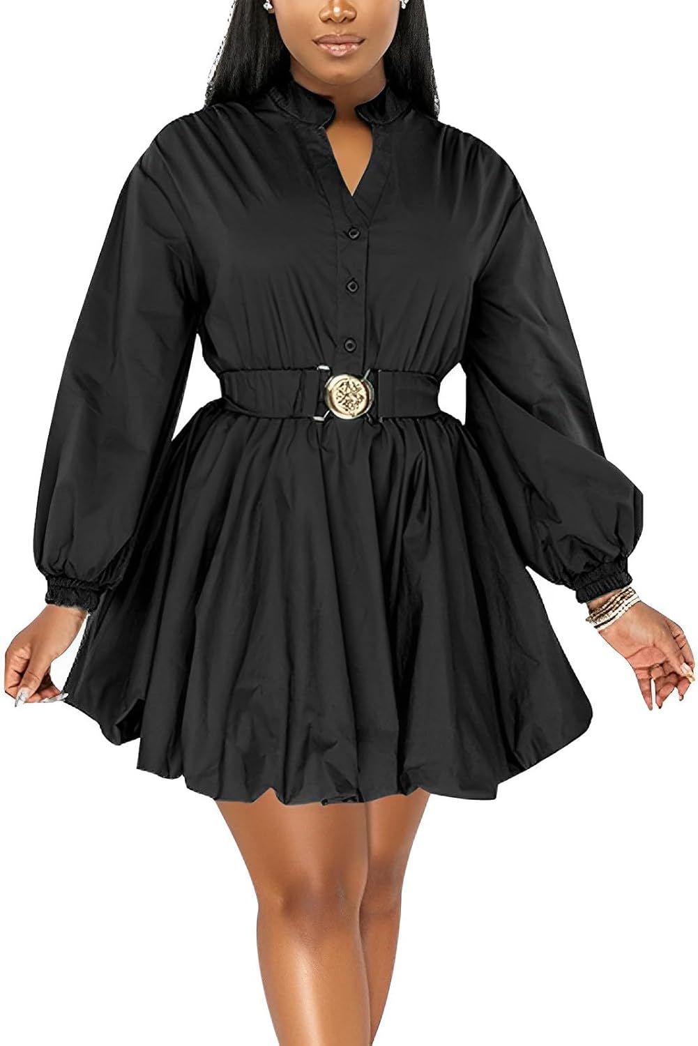 ENOPINK Womens Mini Dress Puff Sleeve High Waist Party Wear