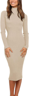 Ribbed Long Sleeve Sweater Dress Midi - Flattering Slim Fit