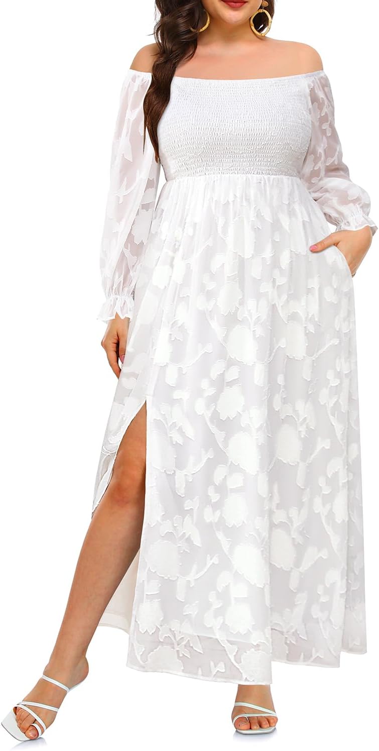 Plus Size Summer Dresses - Boho Casual Off Shoulder Maxi Dress