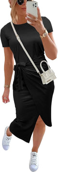 Sleeveless Striped Ruched Bodycon Tie Waist Midi Dress