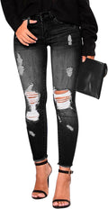 Women's Skinny Ripped Mid Rise Stretch Jeans - Distressed Denim