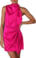 PRETTYGARDEN Satin Mock Neck Tie Waist Short Dress (Style 2G45)