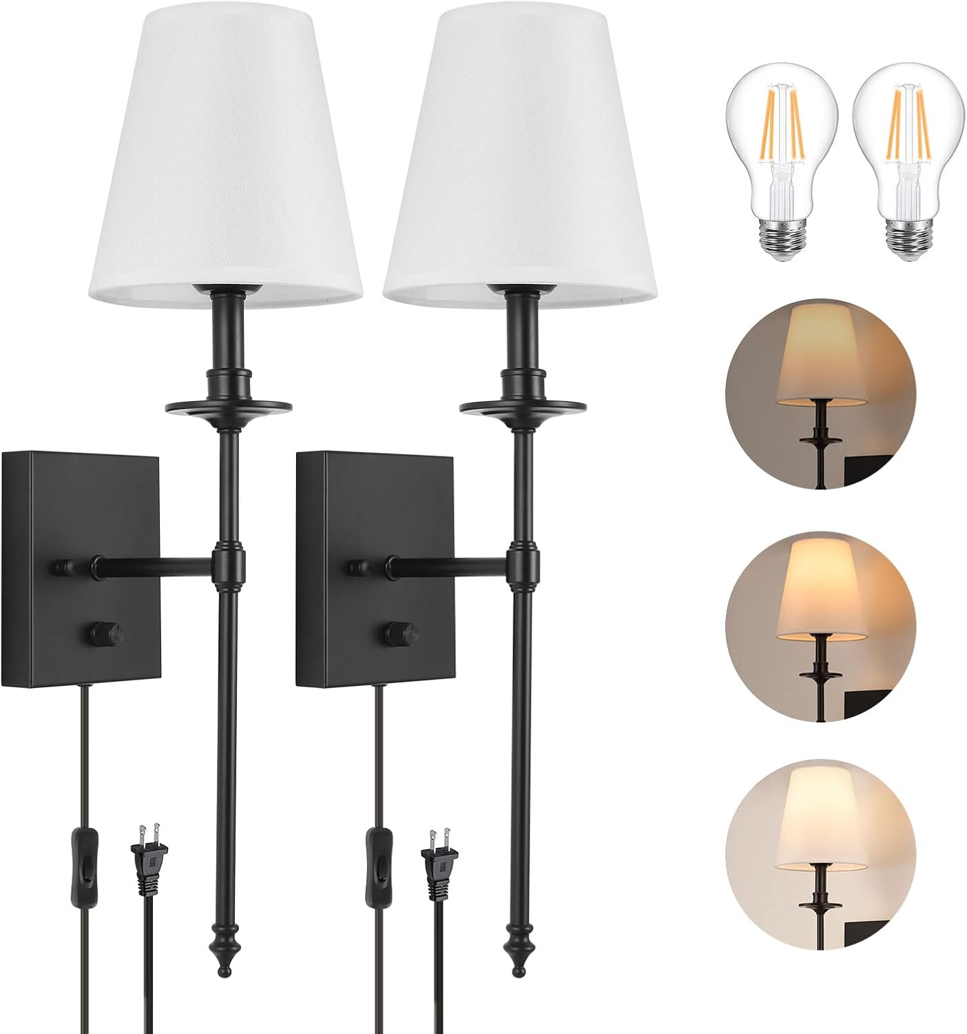 Dimmable Wall Sconces Set of Two with White Fabric Shade