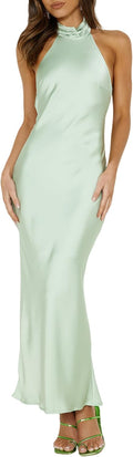 Phicia Sexy Satin Halter Neck Backless Maxi Dress for Women - Elegant