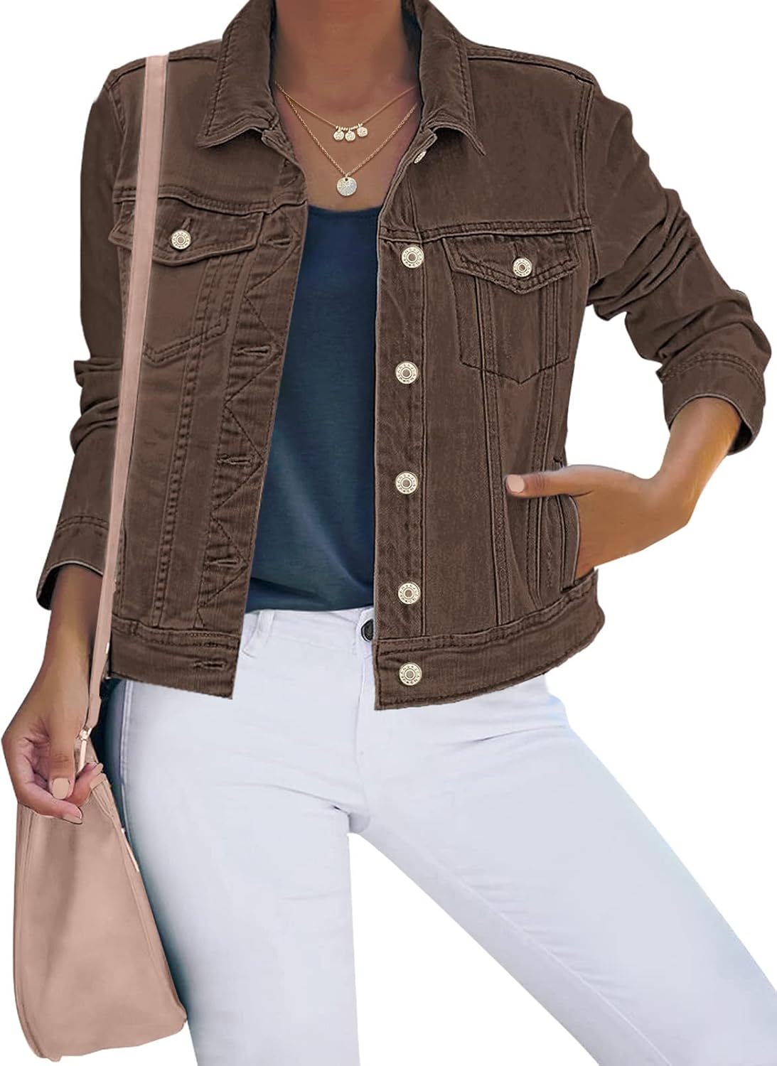 Luvamia Women's Basic Button Down Stretch Fitted Denim Jacket