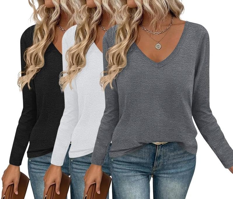 Ekouaer Long Sleeve V Neck T Shirts for Women - Casual Tops