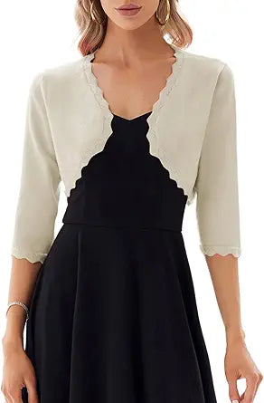 Stylish 3/4 Sleeve Open Front Scalloped Knit Bolero Shrug Cardigan