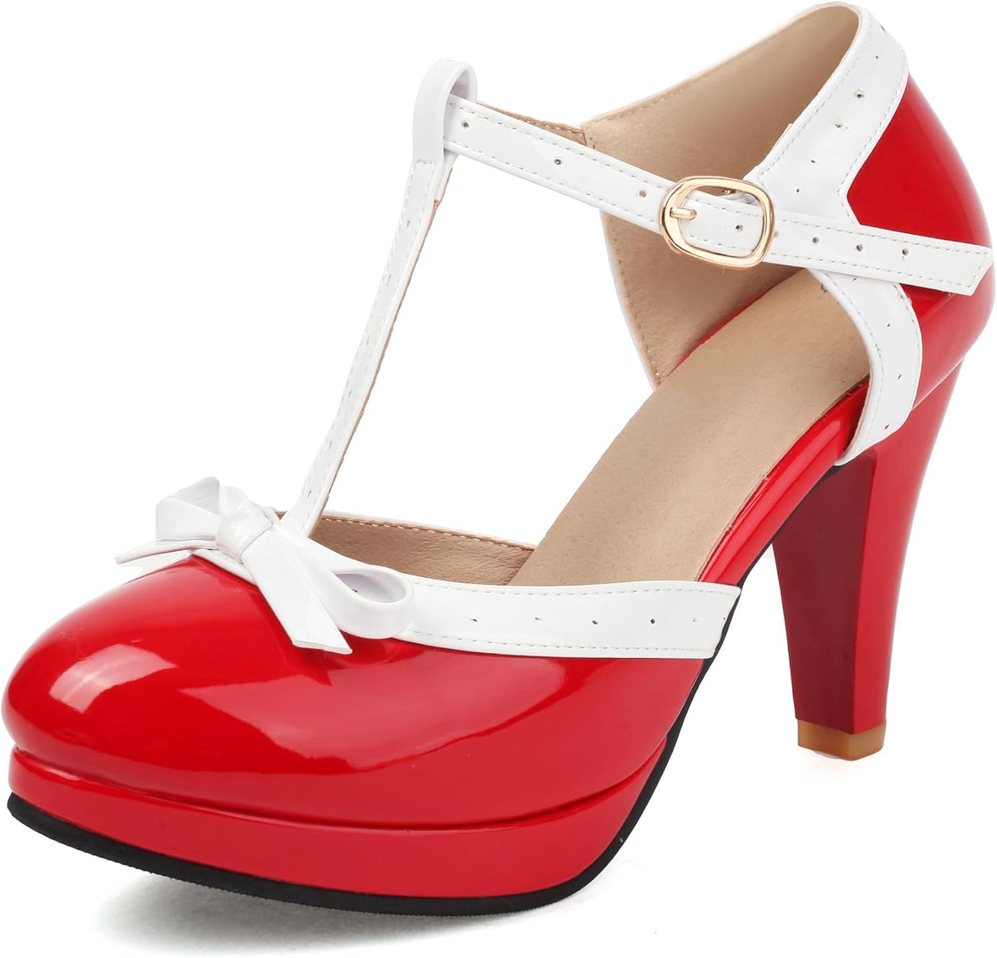 ForeMode Bow Mary Jane Shoes High Heels Closed Round Toe Pumps