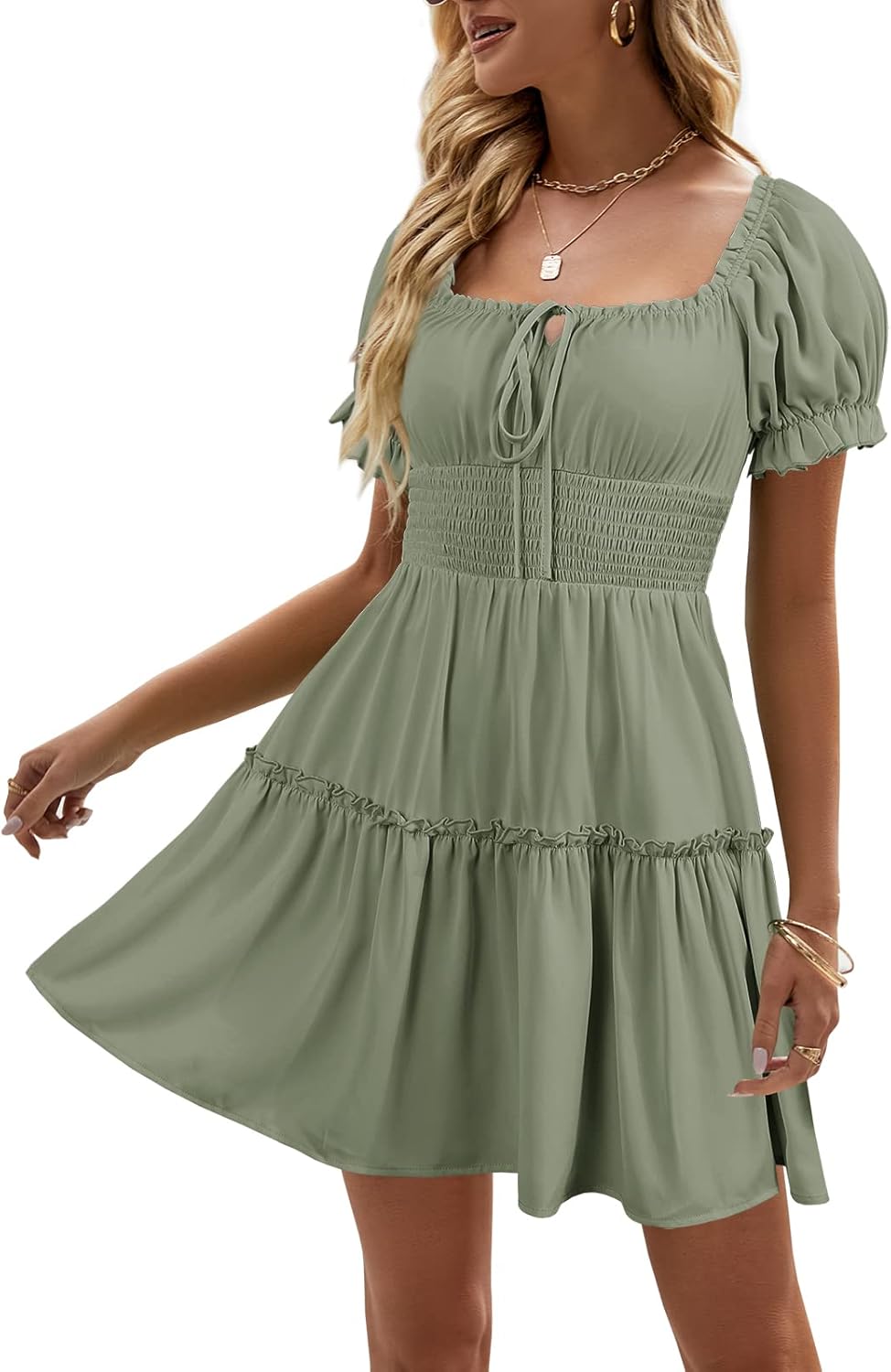 Heysolo Womens Boho Floral Smocked Square Neck Mini Dress