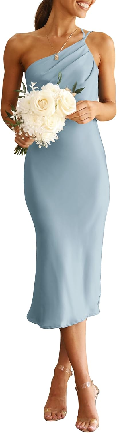 Stylish Midi Satin Dress for Women - One Shoulder Bodycon Style