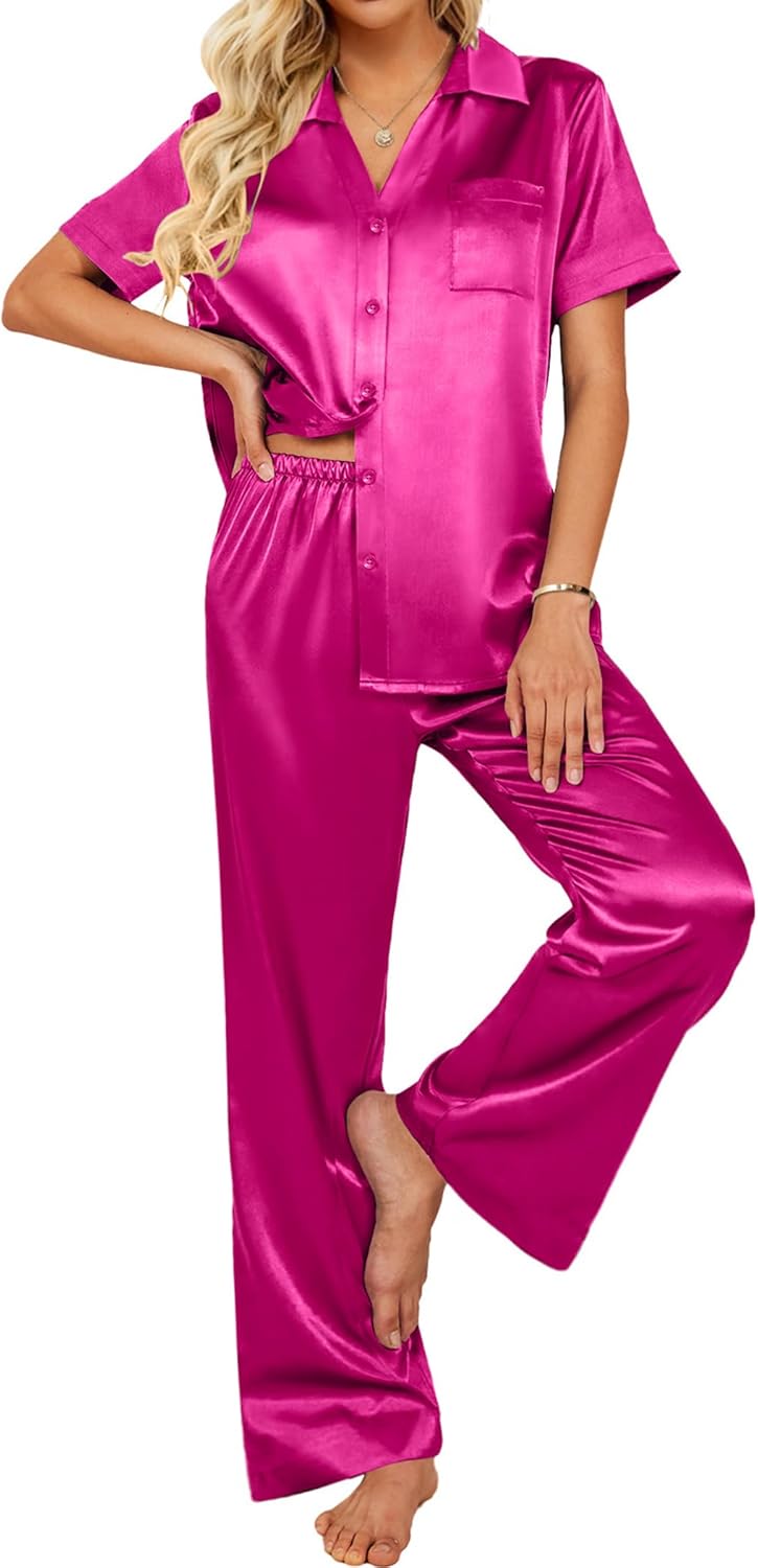 Ekouaer Silk Pajamas Set for Women - Soft Satin Pjs with Pockets