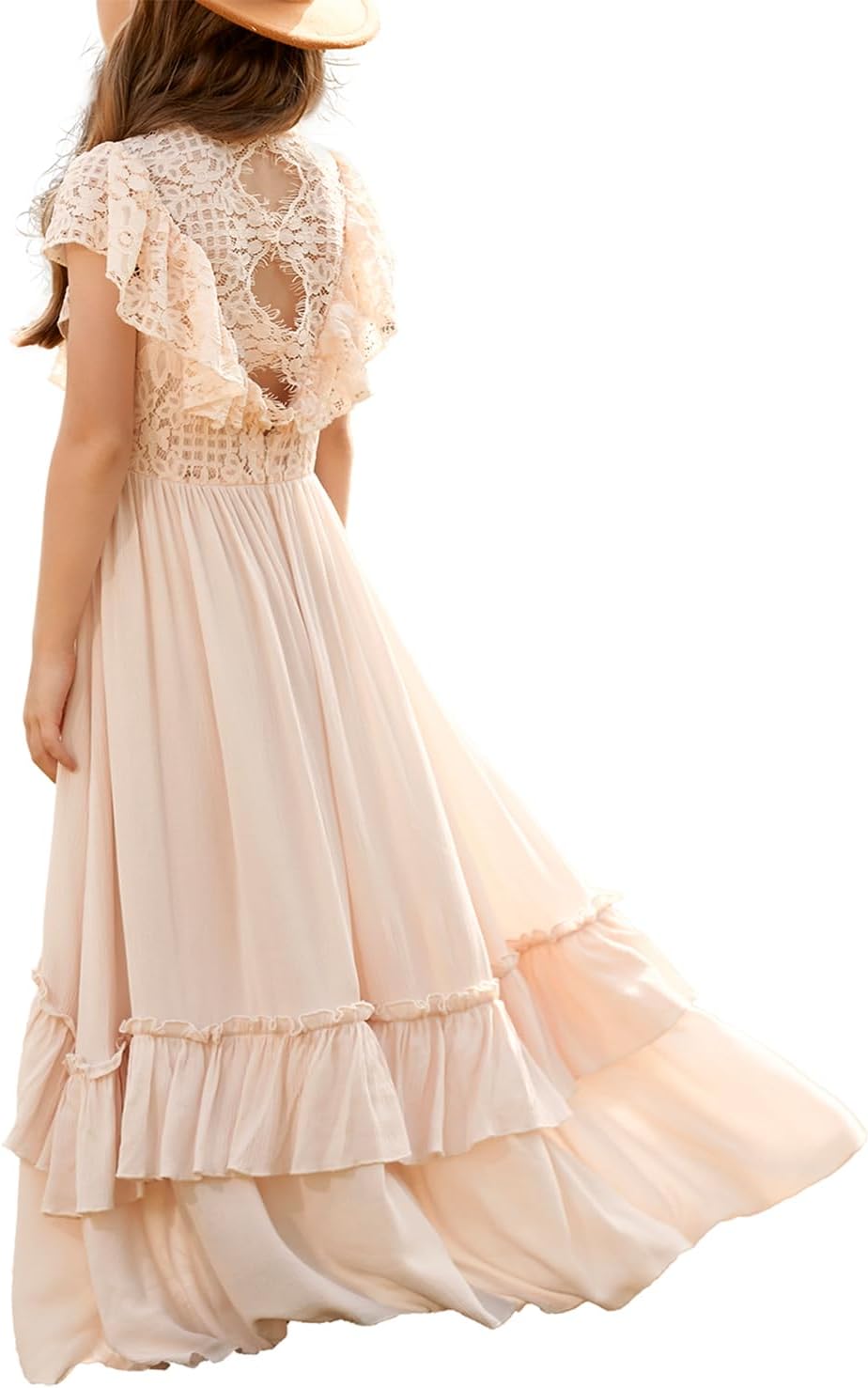 BIBIHOU Girls Lace Dress Boho Backless A Line High Low Hem