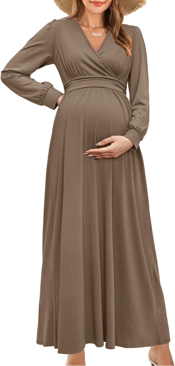 OUGES Fall Maternity Maxi Dress for Baby Shower and Photoshoot
