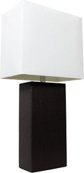 Modern Leather Table Lamp with White Fabric Shade - Sleek Bedroom