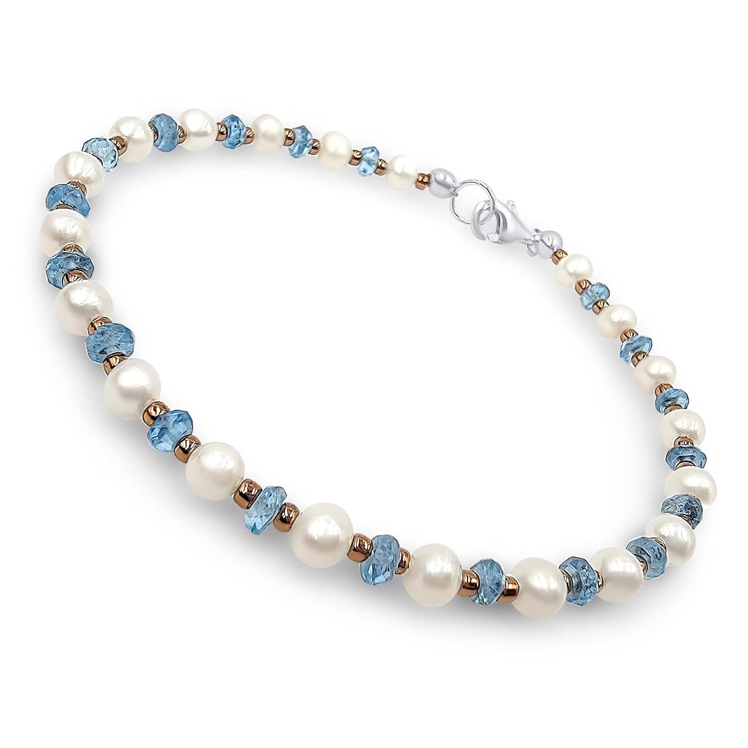 Real Gemstone and Pearl Strand Bracelet with Sterling Silver Clasp