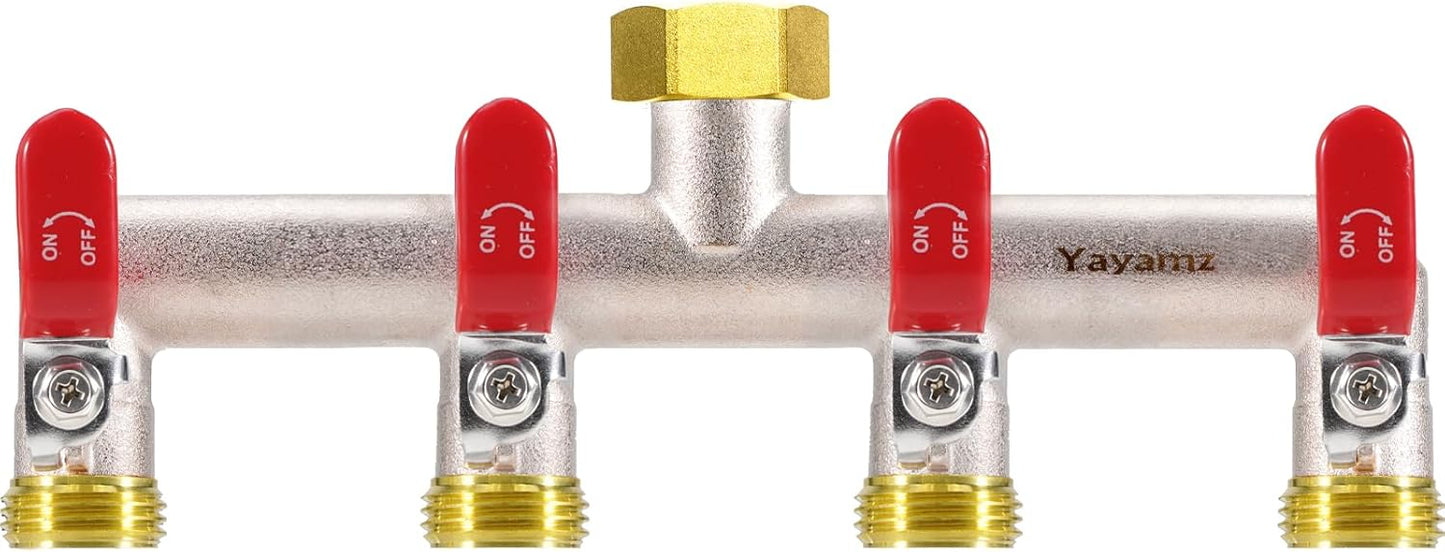 4 Way Garden Hose Splitter, Heavy Duty Brass Faucet Manifold